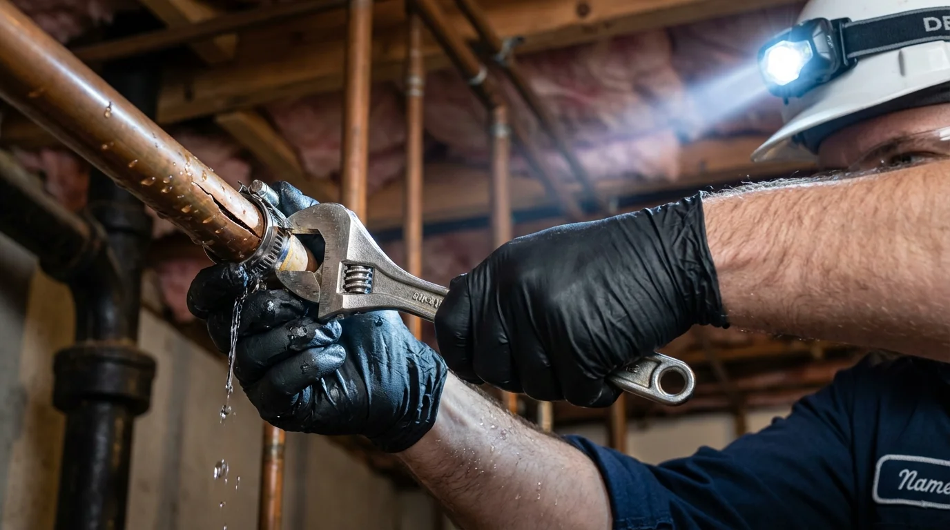 Emergency pipe clamp repair being performed by a Johns Plumbing LLC plumber in Juneau
