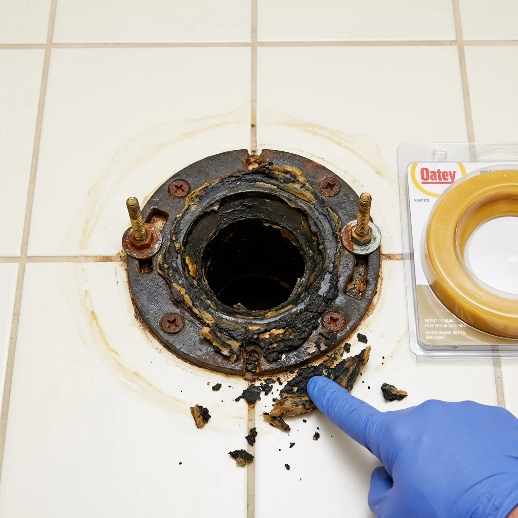 Failed wax ring showing water seepage at the base of a toilet in a Juneau, AK home